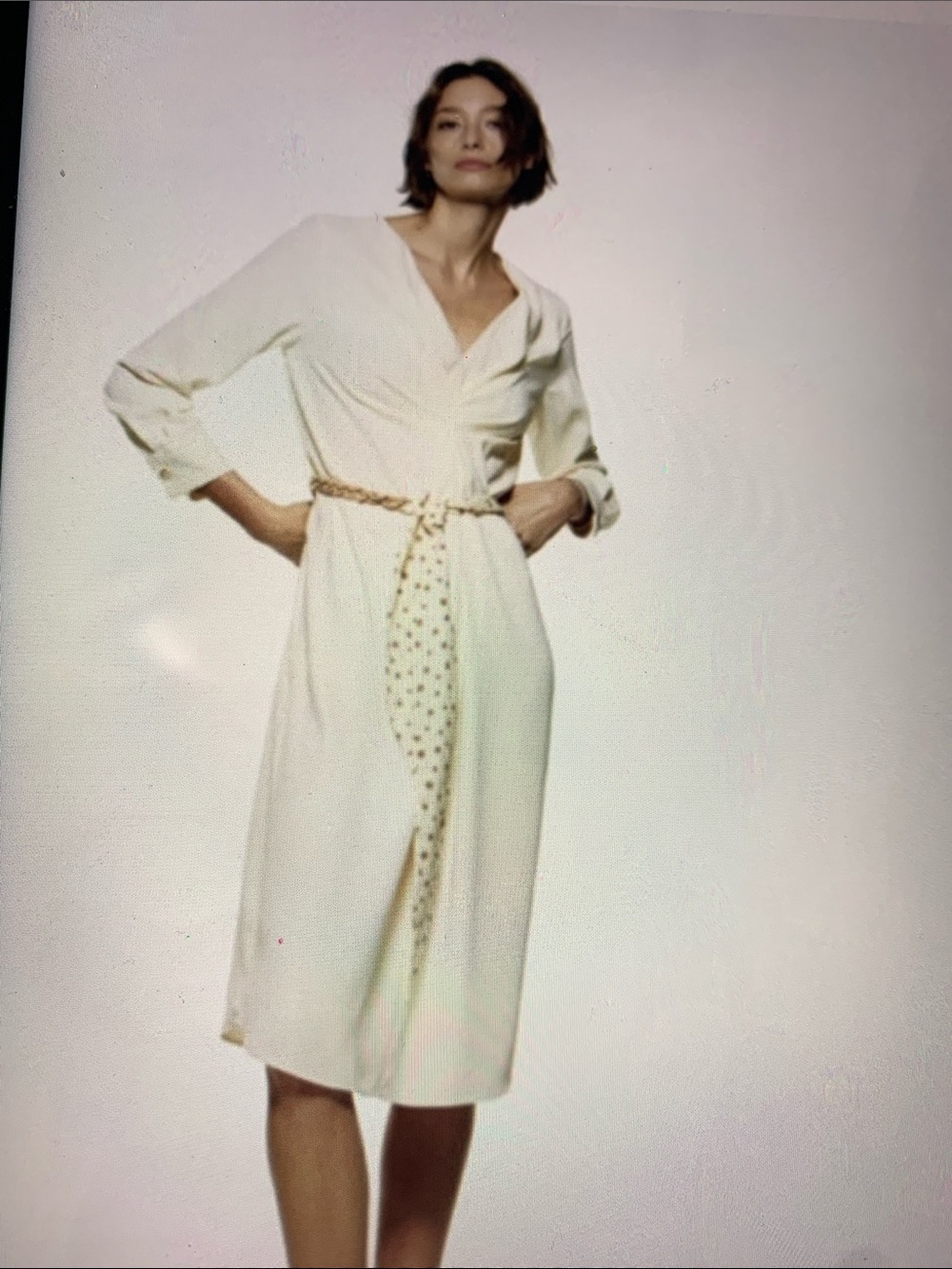 Zara Cream Wrap-Front Midi Dress with Braided Belt. Slight spots not visible